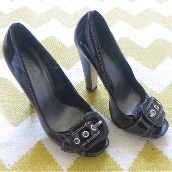 Wild Pair Black Patent Peep Toe Contrast Stitch Platform Block Heels • Sz 7.5 🔴 - Picture 2 of 9